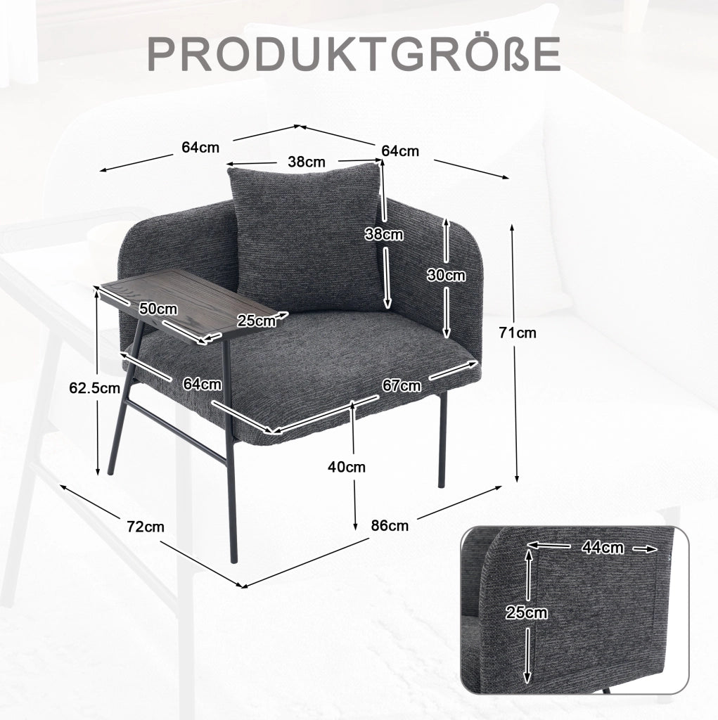Poltrona relax in ciniglia grigio scuro con tavolino laterale e 2 tasche HOMVRA