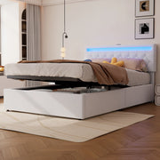 Letto per adulti imbottito 140x200 cm con vano contenitore idraulico; LED; USB e Type-C; lino bianco