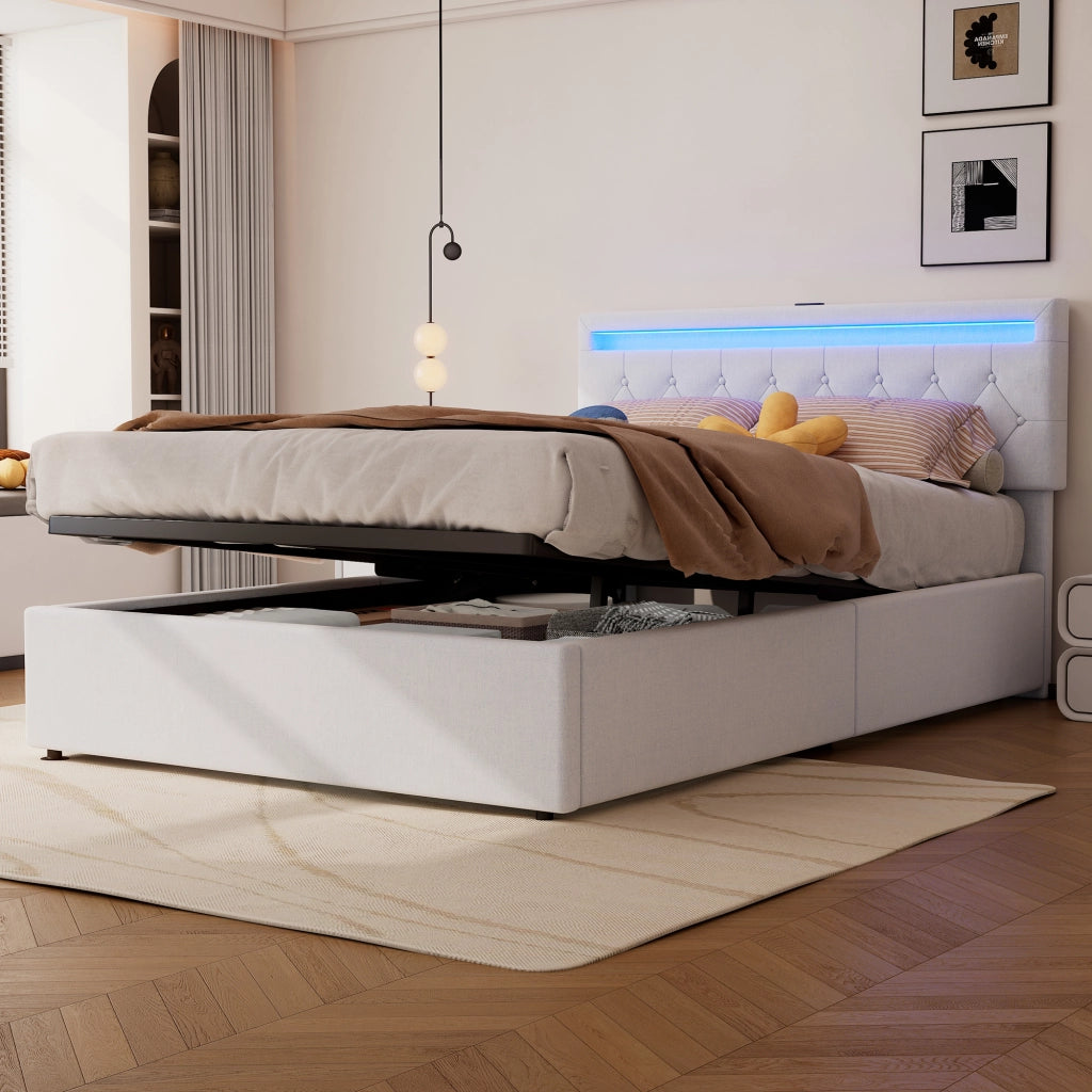 Letto per adulti imbottito 140x200 cm con vano contenitore idraulico; LED; USB e Type-C; lino bianco