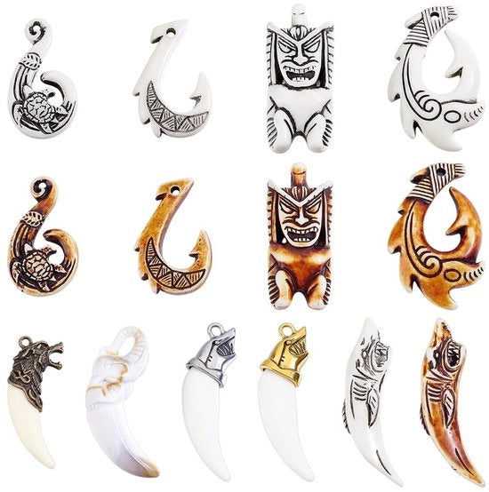 Amuleto acquatico bohemien - Collare a forma di dente - Charms vintage - Dimensioni 74,5 x 22,5 x 13 mm