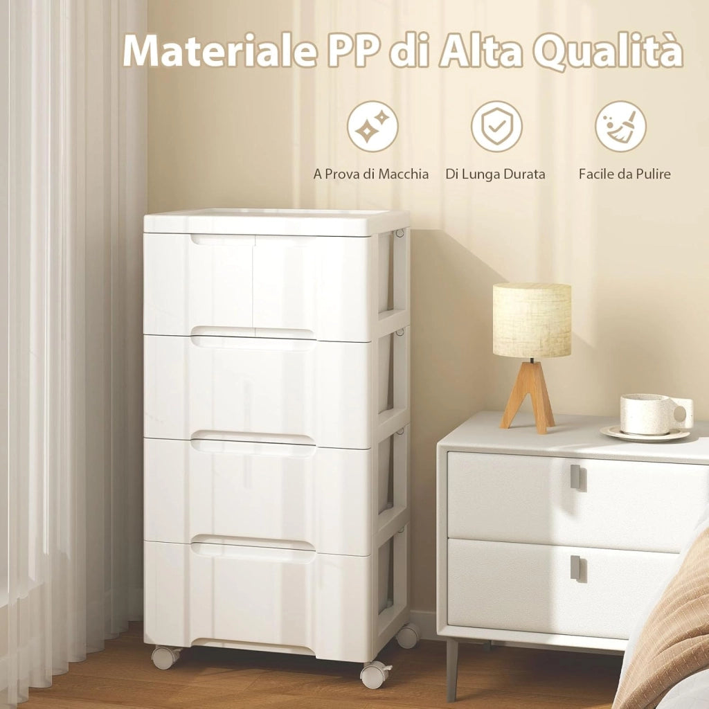 Carrello di Stoccaggio con Ruote, Cassettiera Verticale con Cassetti, Armadietto Contenitore di Stoccaggio, Organizzatore di Plastica per Casa Ufficio (4 cassetti)