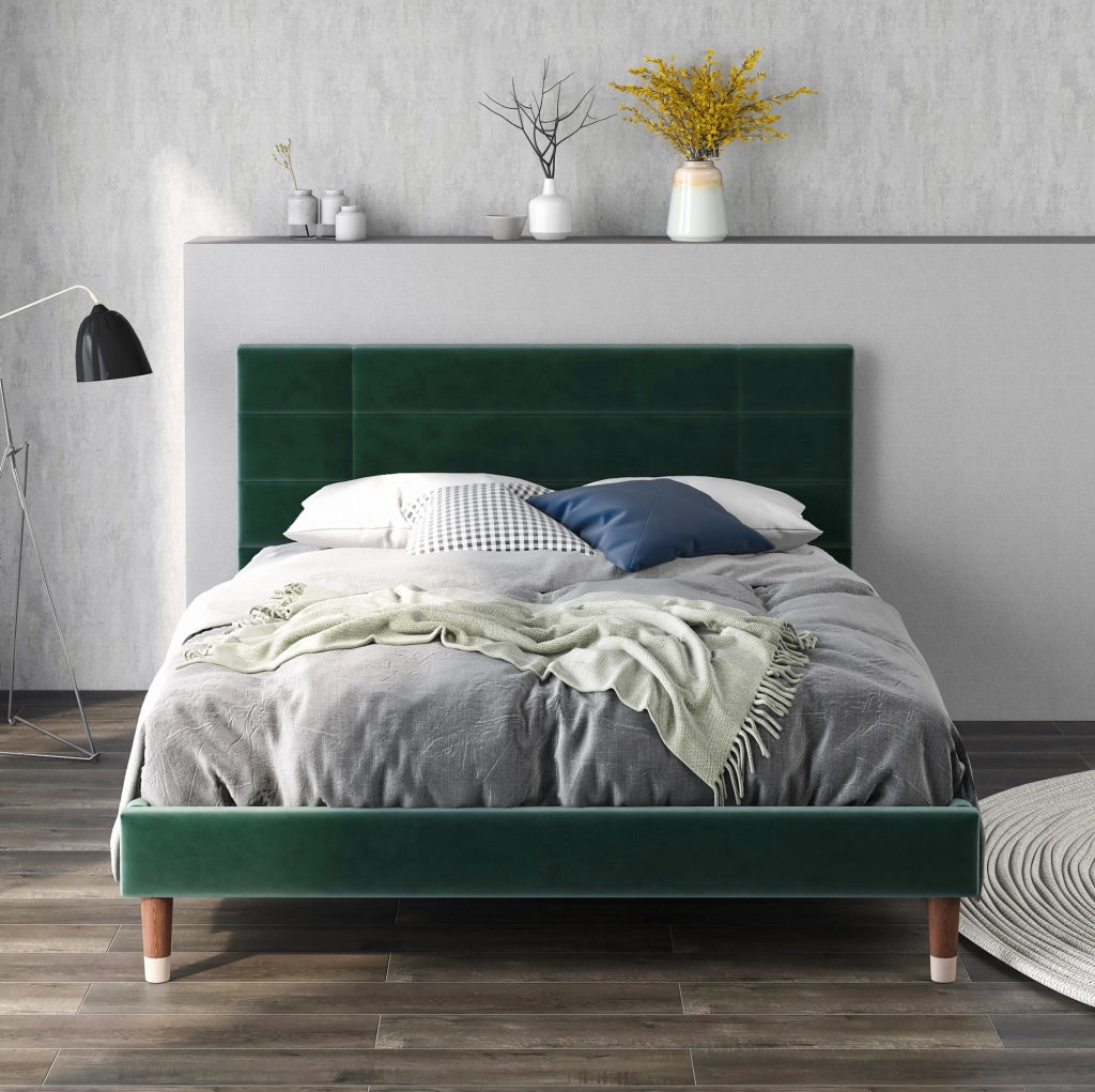 Letto matrimoniale imbottito 140x200 cm in velluto verde con rete a doghe