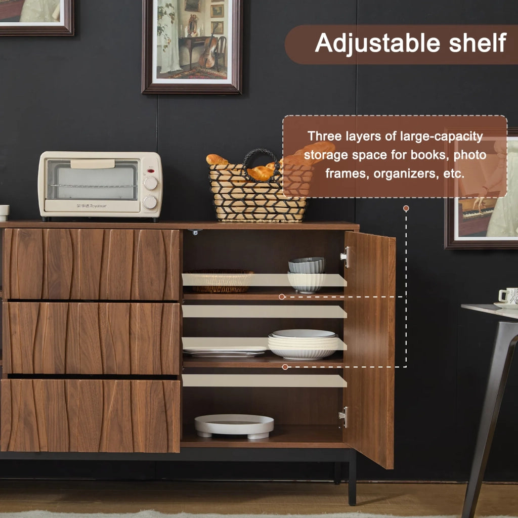 Sideboard 150 cm in legno di quercia scuro venato, stile Mid Century Modern con 3 cassetti e ampia nicchia aperta. Mobile decorativo per cucina, soggiorno, ingresso e corridoio
