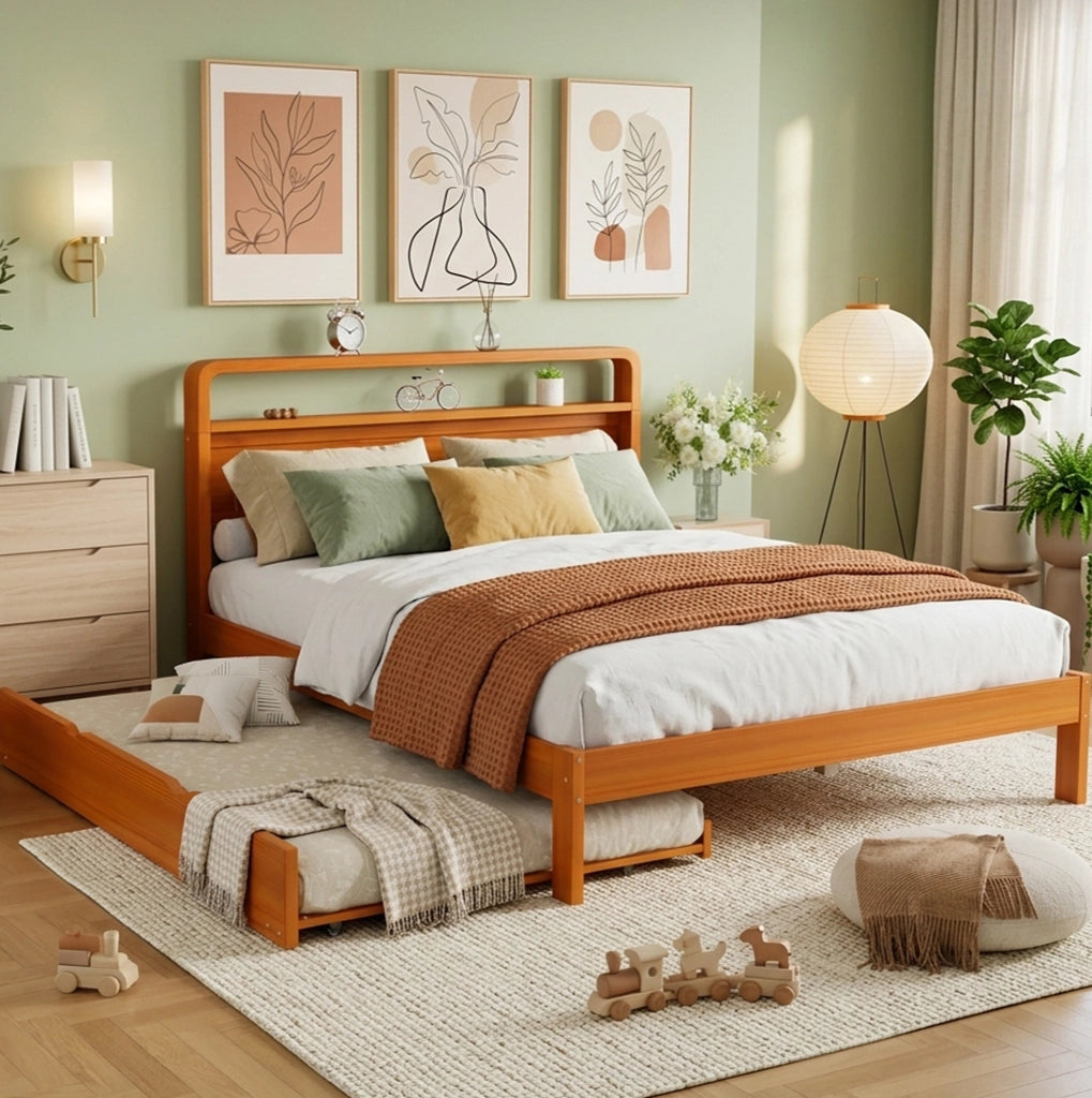 Letto matrimoniale 140x200 cm con letto estraibile 90x190 cm in legno naturale HOMVRA