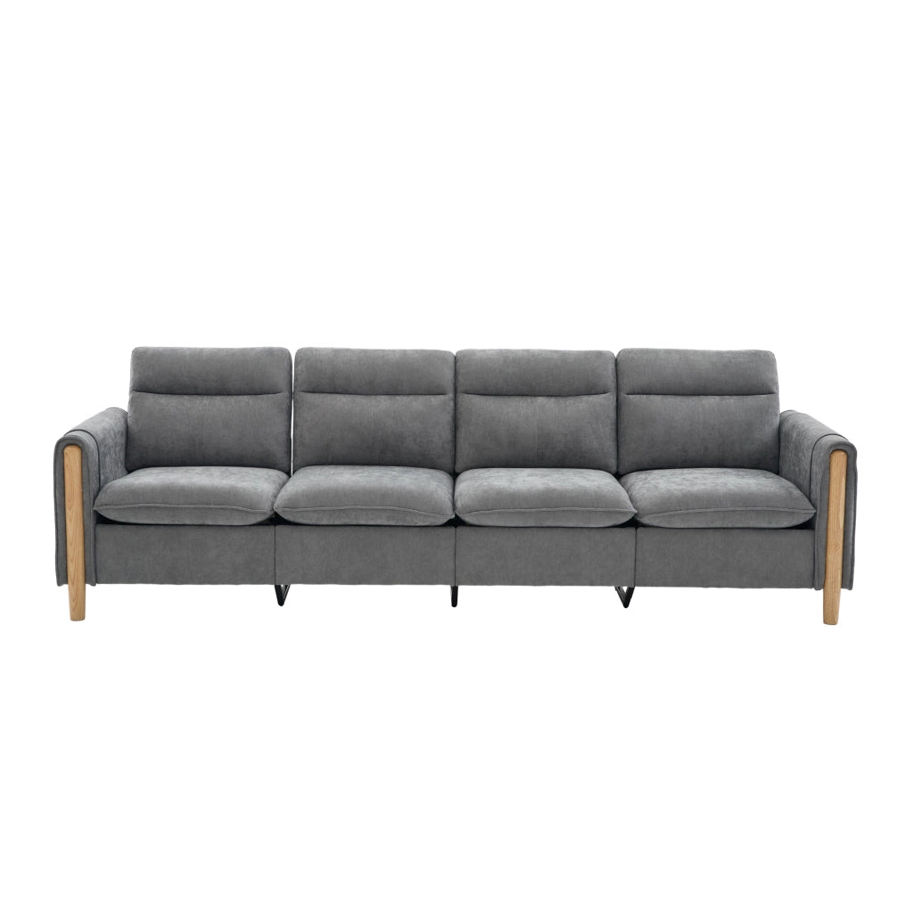 Divano modulare 4 posti a U in ciniglia grigia con 2 pouf contenitore e gambe in legno