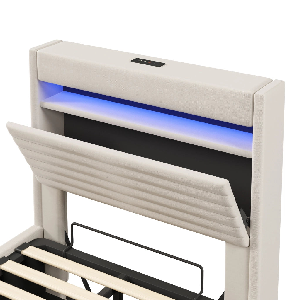Letto imbottito 90x200 cm con vano contenitore idraulico, LED, USB e USB-C in lino beige