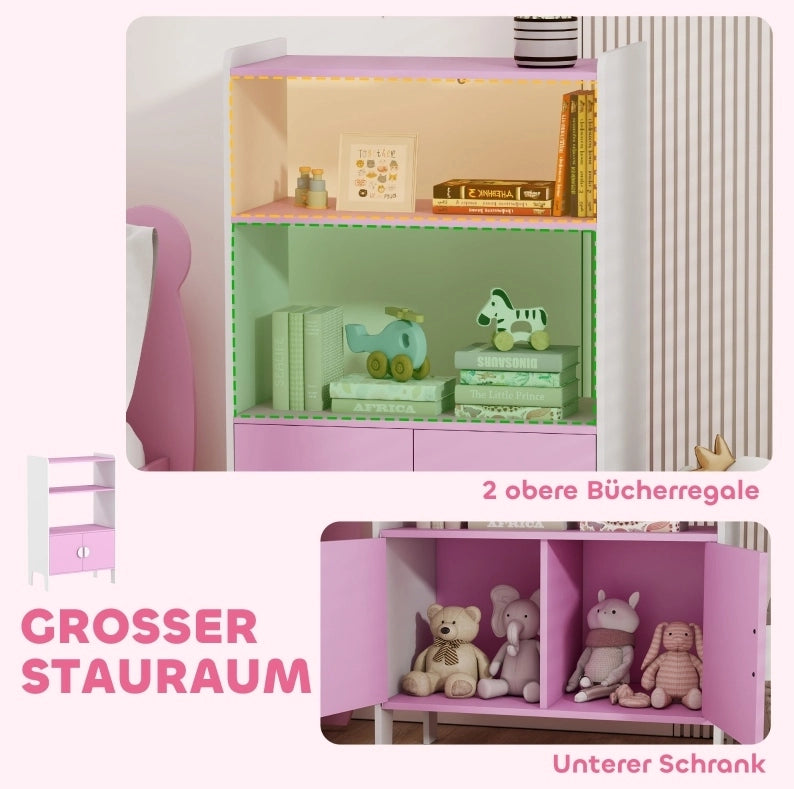 Libreria per bambini rosa con vani e ante, 60x35x100 cm