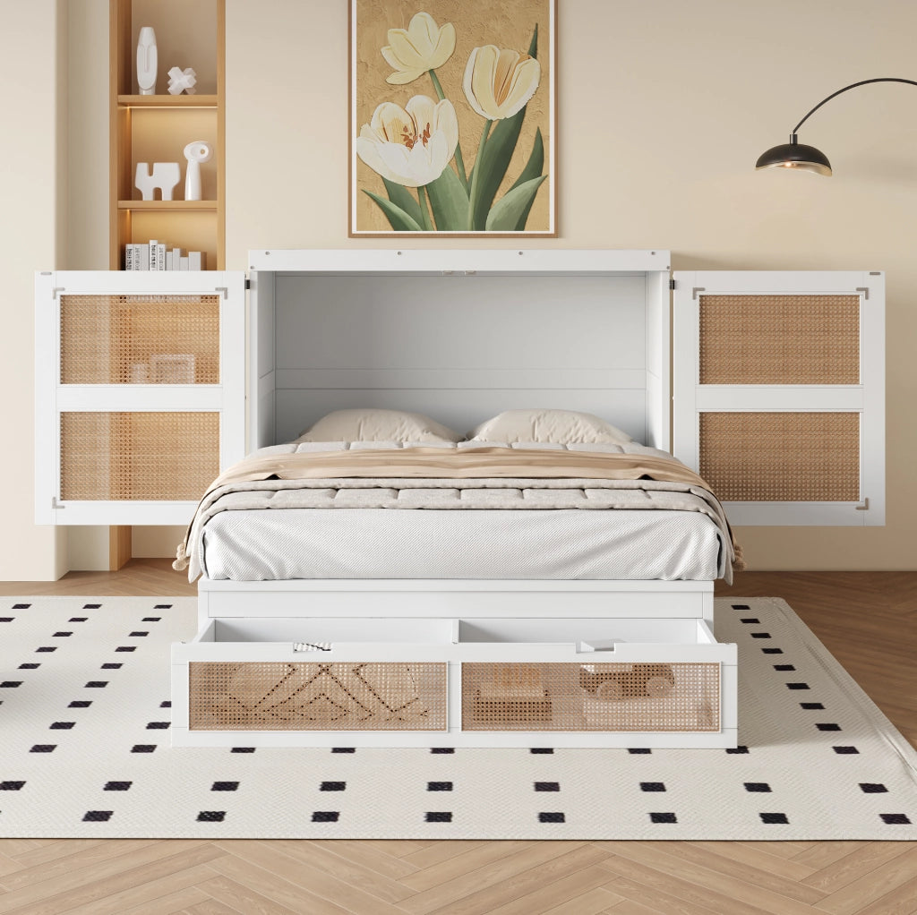 Letto a scomparsa verticale 140x200 cm con cassetti in pino, compensato e MDF bianco