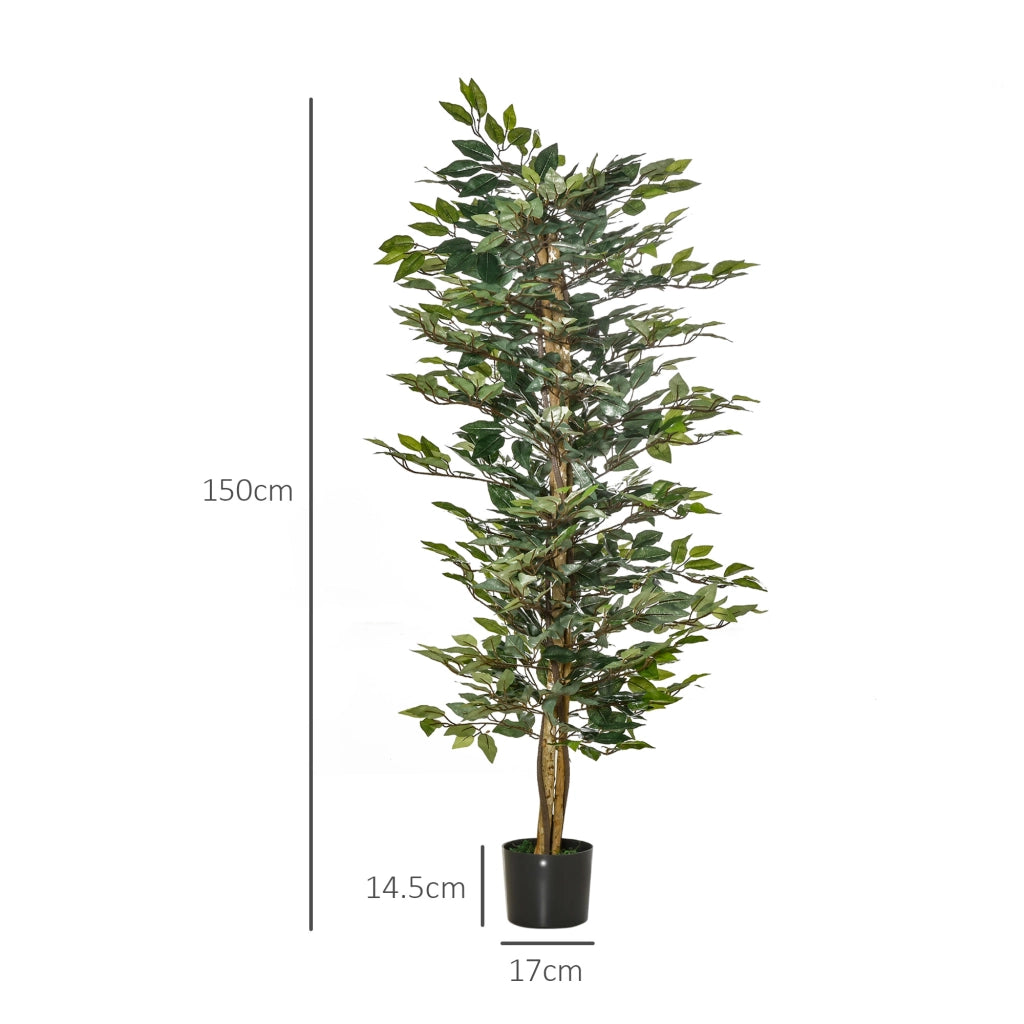 Fico artificiale 150 cm con 1008 foglie in plastica vaso nero con base in cemento per interni ed esterni