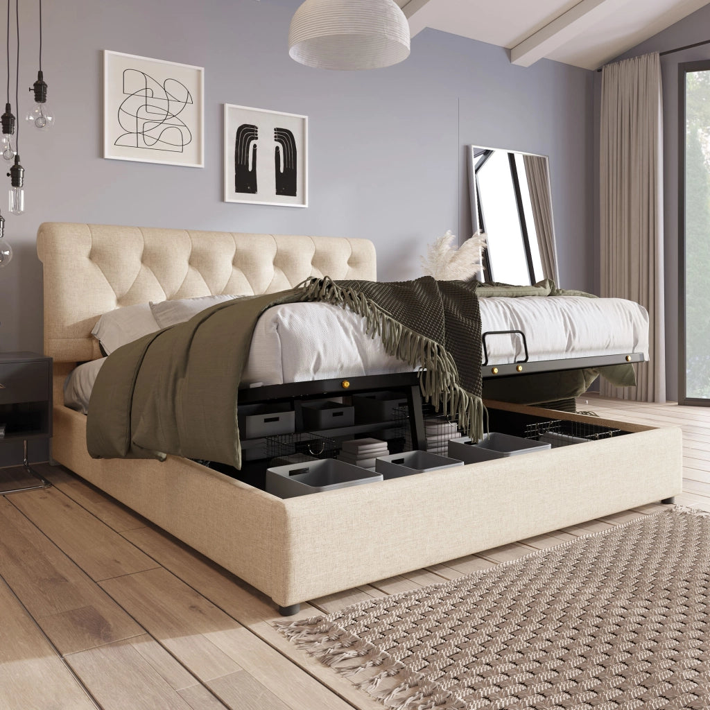 Letto con contenitore 160 × 200 cm con materasso a molle; testiera regolabile e rete a doghe in lino naturale