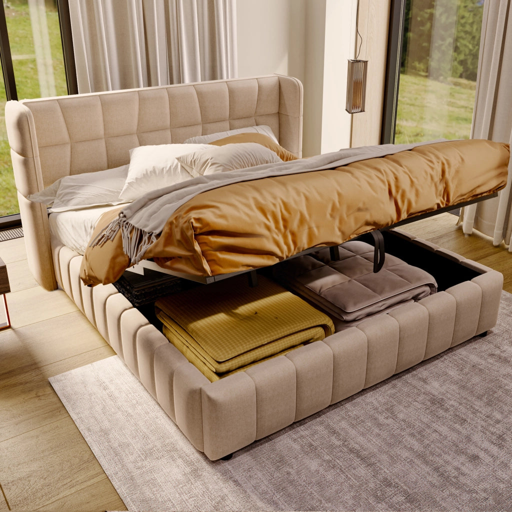 Letto imbottito contenitore beige 180 x 200 cm con sollevamento