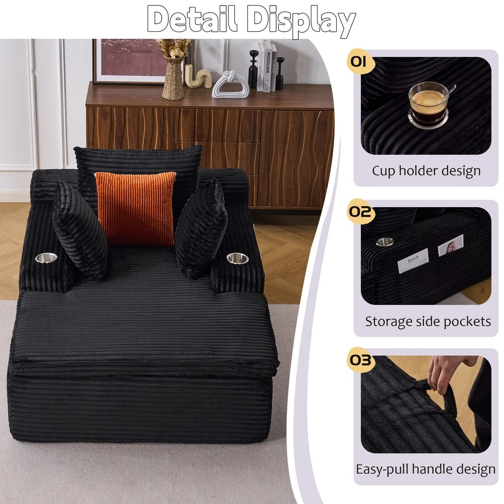 Divano Letto con Chaise Longue ¨C MINIMAL ¨C Nero, 3 Cuscini, Senza Montaggio