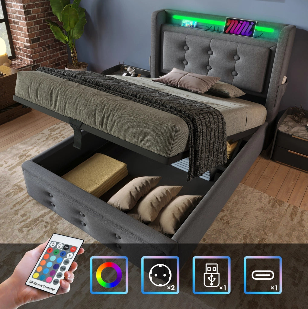 Letto singolo imbottito 90x200 cm con testiera in pelle, funzione di ricarica USB-C, struttura in legno e metallo, portata 150 kg, grigio