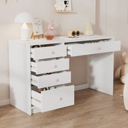 Scrivania bianca 120×45×74 cm con 5 cassetti e maniglie rosa in ceramica, adatta a bambini e adulti