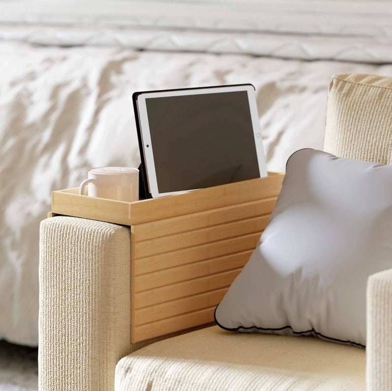 Vassoio in bambù per bracciolo divano, contenitore multifunzione per snack e bevande, 45x33,5 cm