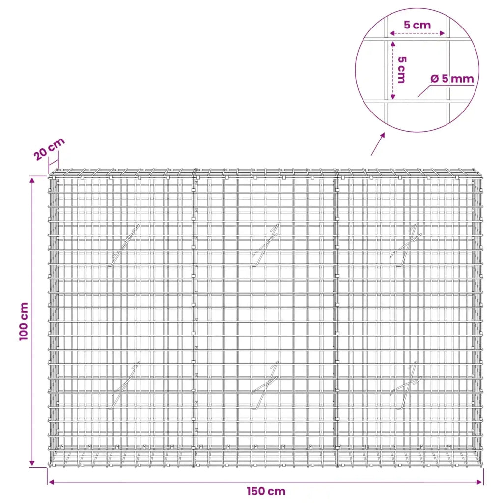 Gabione con filo da 5 mm e rete da 5x5 cm 150x20x100 cm 3464061