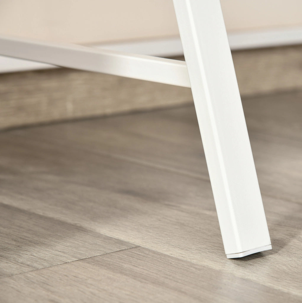 Scrivania moderna in metallo bianco con piano in MDF rovere 84x45x85 cm con vano portaoggetti e passacavi per home office