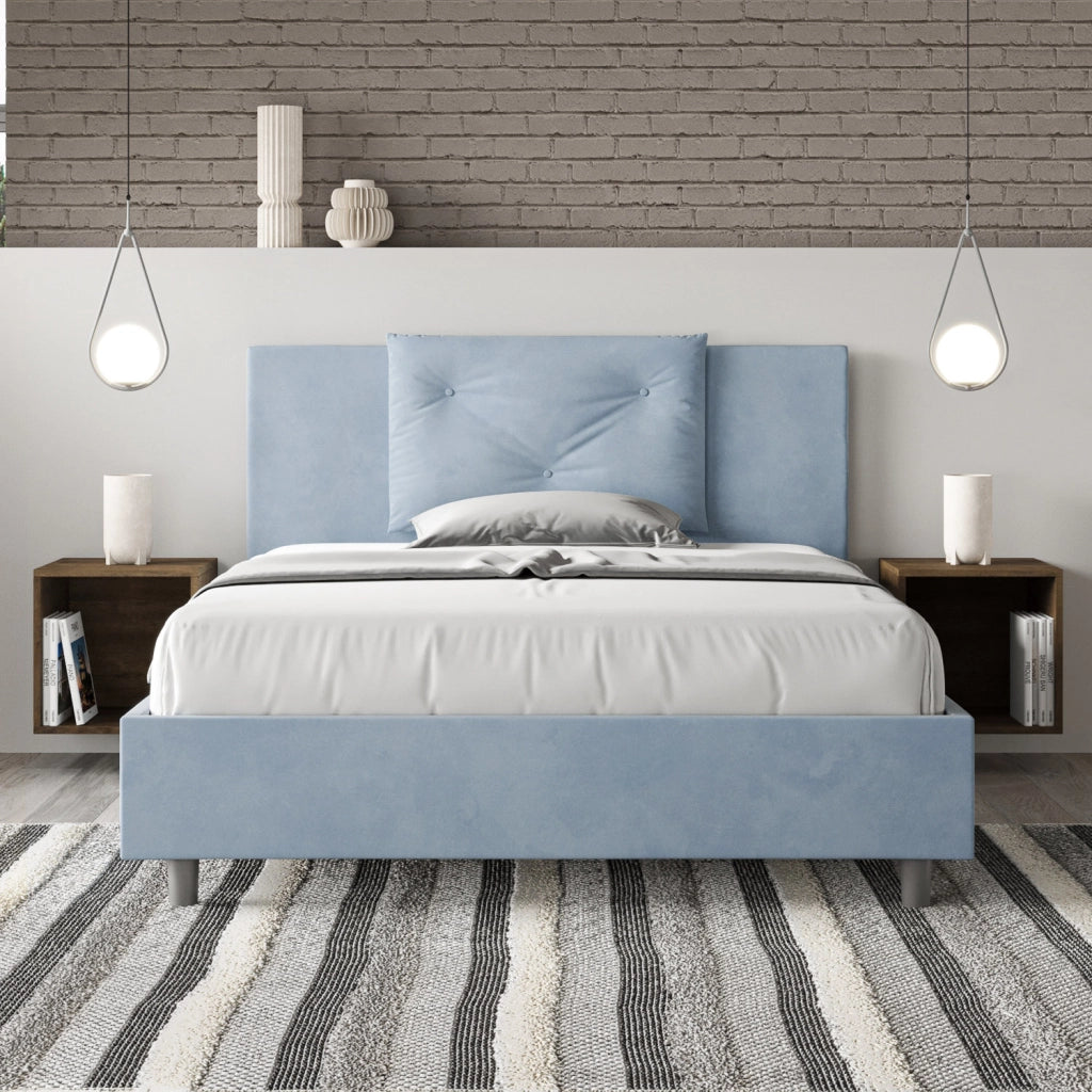 BS COM Letto matrimoniale francese contenitore imbottito 140x200 microfibra azzurro