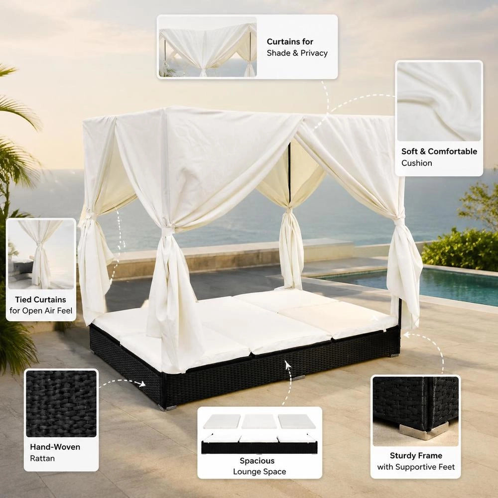 Outdoor Lounge Bed With Curtain, Poly Rattan, Black