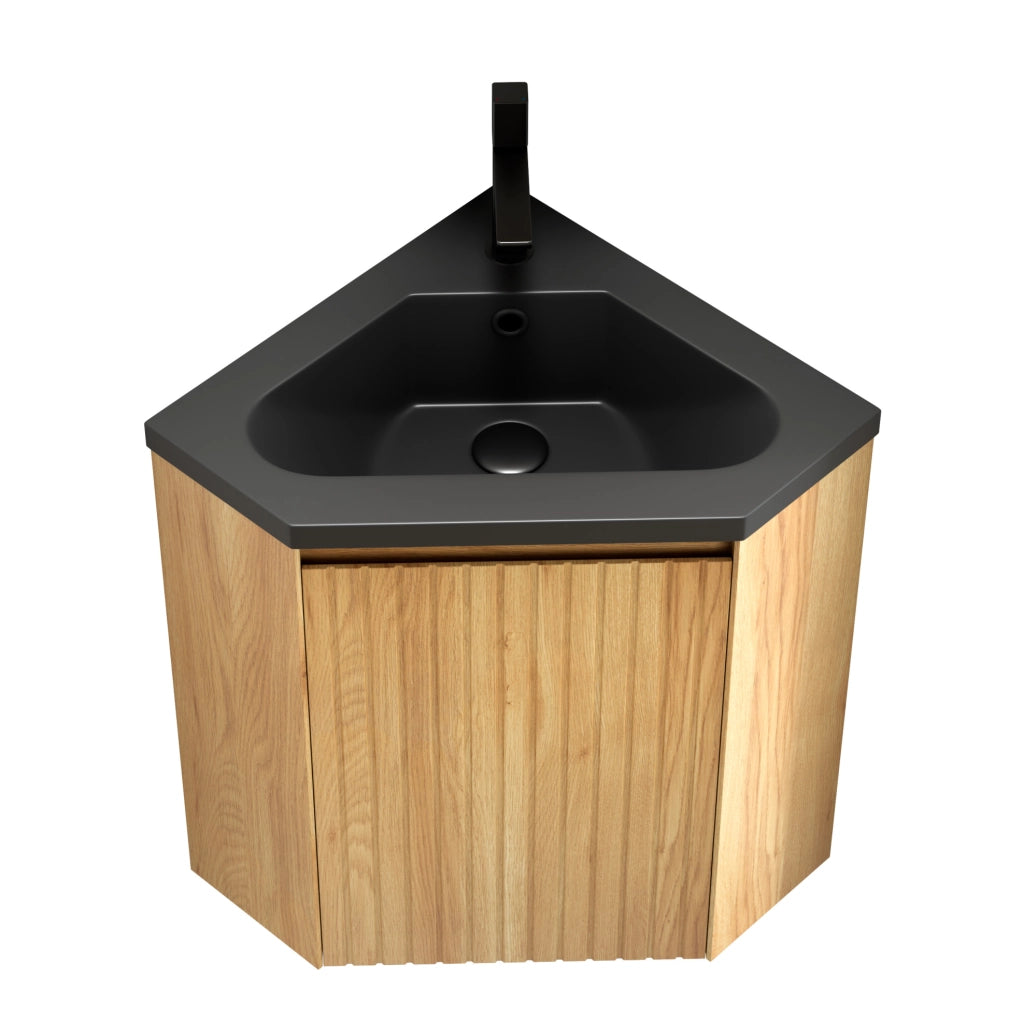 Mobile bagno angolare ULEVR con lavabo triangolare integrato in resina nera opaca e anta effetto rovere