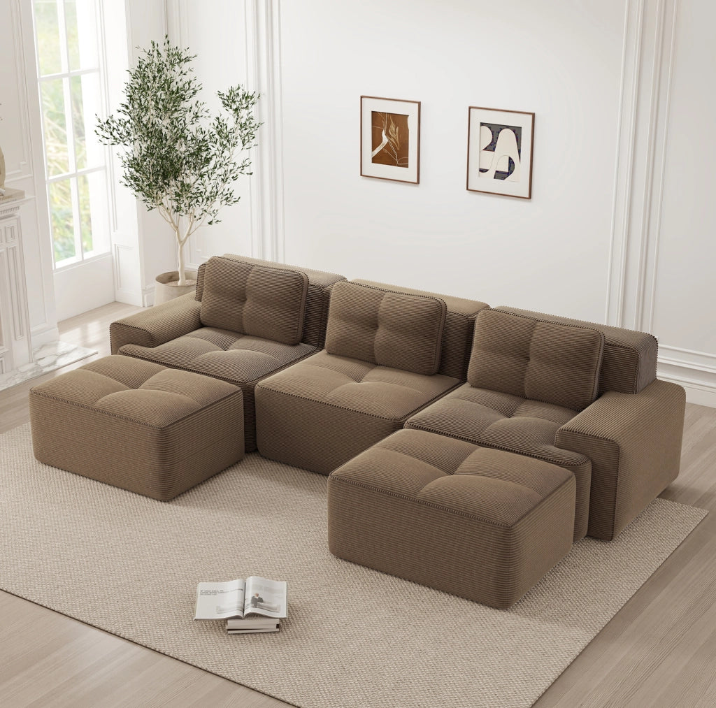 Divano modulare a U in velluto côtelé marrone, 3 posti senza struttura, con pouf, comfort cloud per soggiorno
