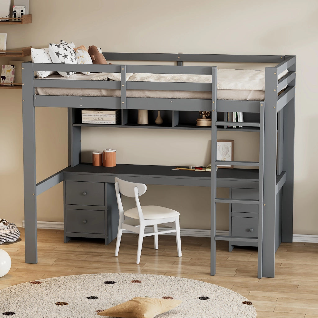 Letto a castello grigio in pino con scrivania sottostante e spazio di stoccaggio 90x200 cm
