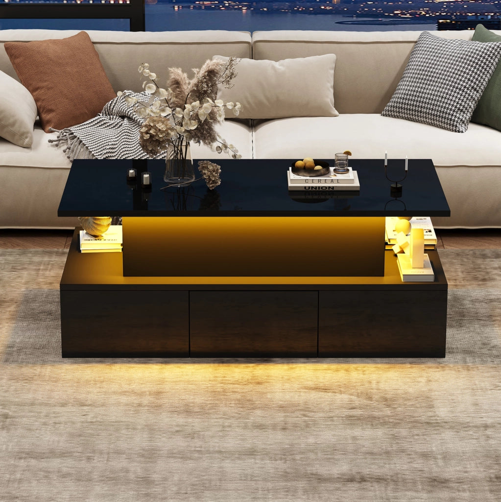 Tavolino da caff¨¨ 100x50 cm elevabile con LED, 4 cassetti e USB in MDF nero