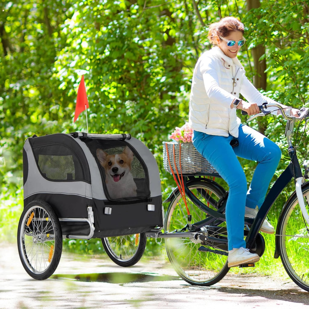 Rimorchio Bici per Cani di Piccola e Media Taglia (Grigio)
Carrello per Bicicletta per Animali con Ruote da 50cm e Tettuccio Apribile, Portata 40 kg, 60,5 x 135 x 95 cm
