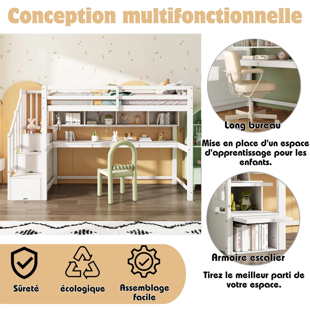 Desviae Letto a Soppalco per Bambini 1 Posto con Scala Contenitore, Scrivania e Scaffale 90 × 200 cm senza materasso