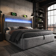 Letto matrimoniale contenitore 180 × 200 cm con testiera alta led usb type-c in lino grigio