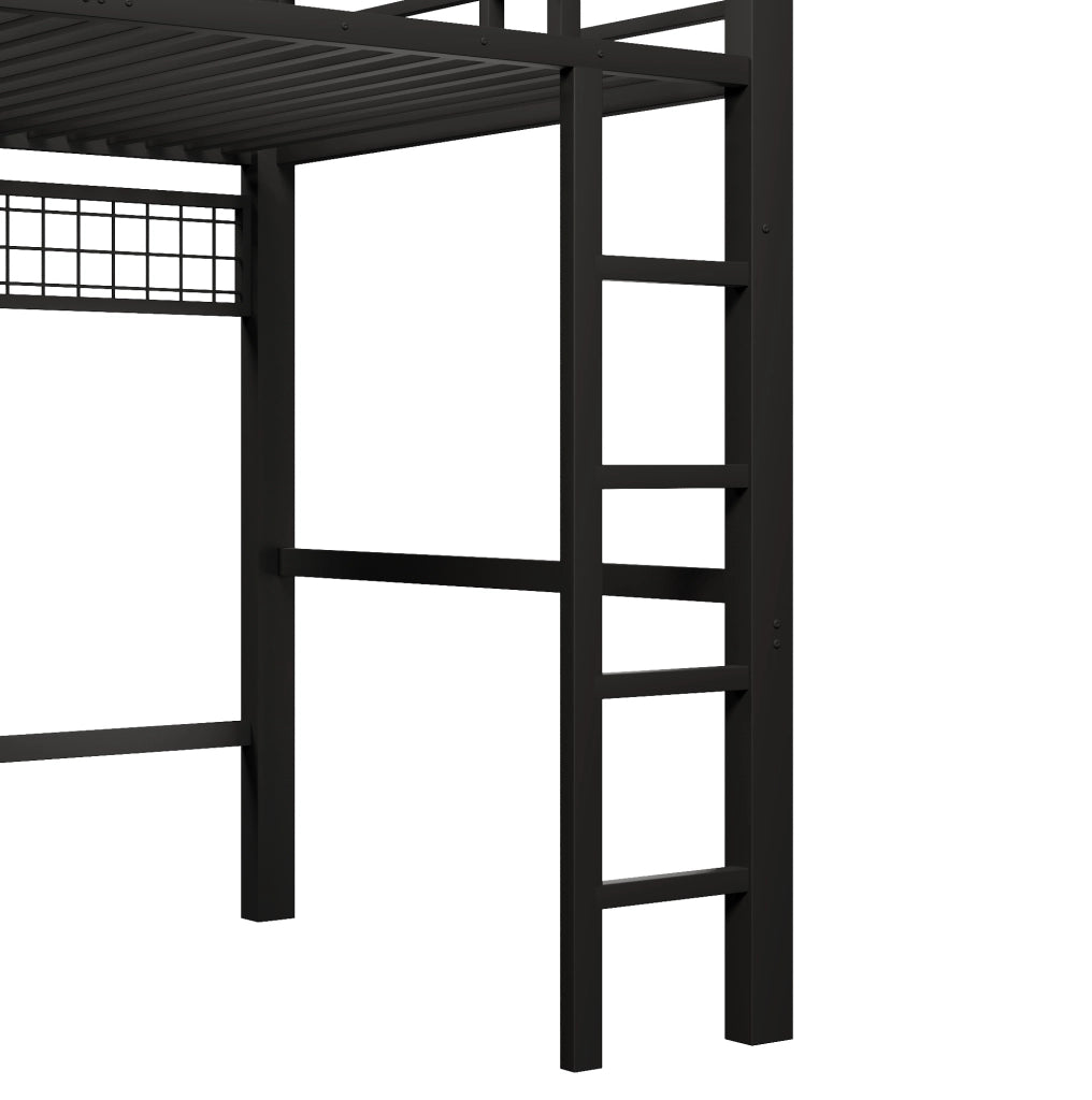Letto a soppalco 140x200 cm nero con LED, 8 cassetti e ripiani