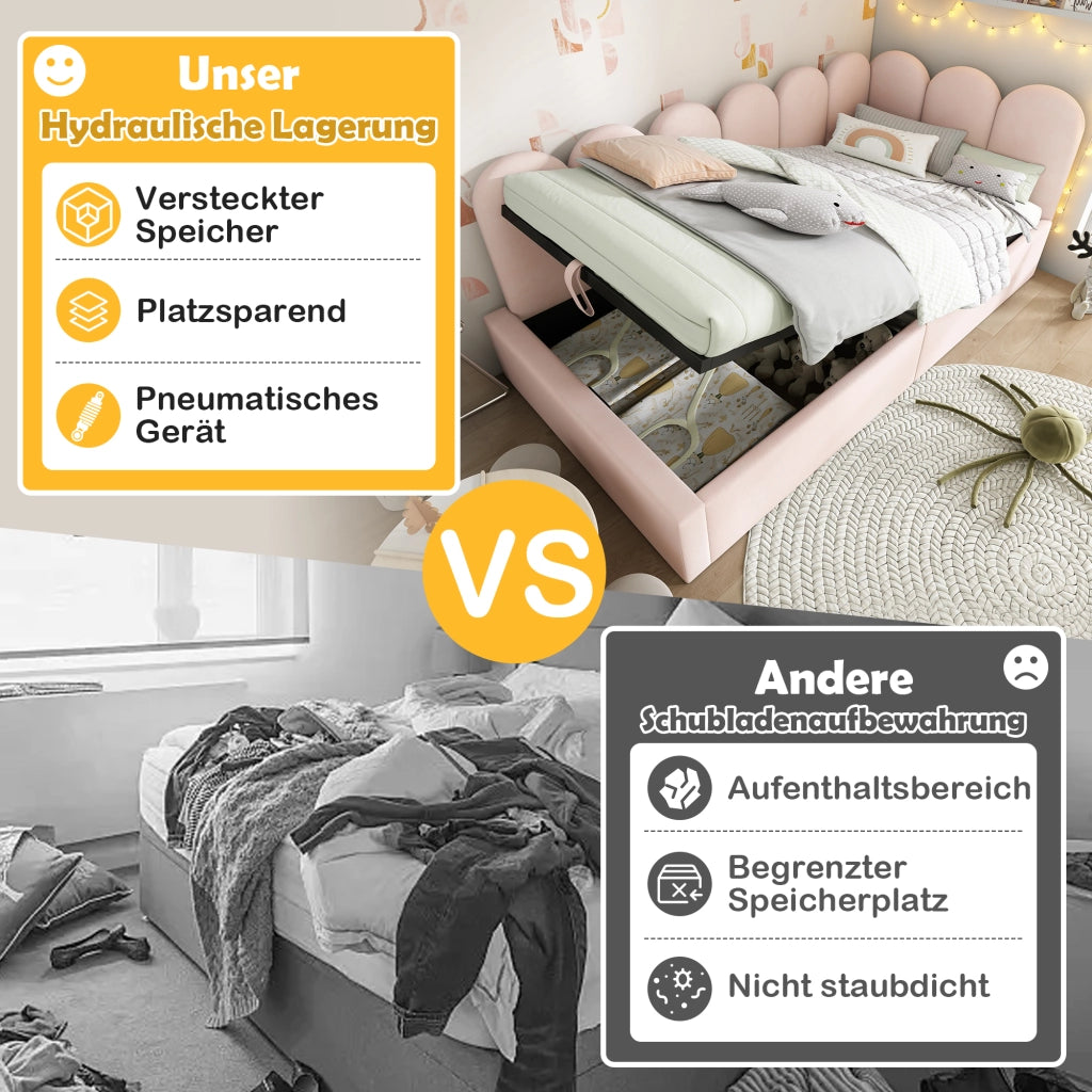 Letto per bambini 90x190 cm con vano contenitore idraulico; divano letto in velluto beige