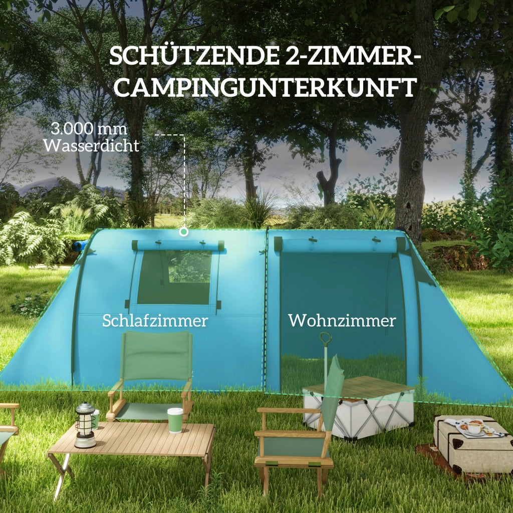 Tenda da Campeggio per 3-4 Persone Tenda Familiare Impermeabile 3000mm con 2 Vani Zona Giorno e Notte Azzurro Cielo