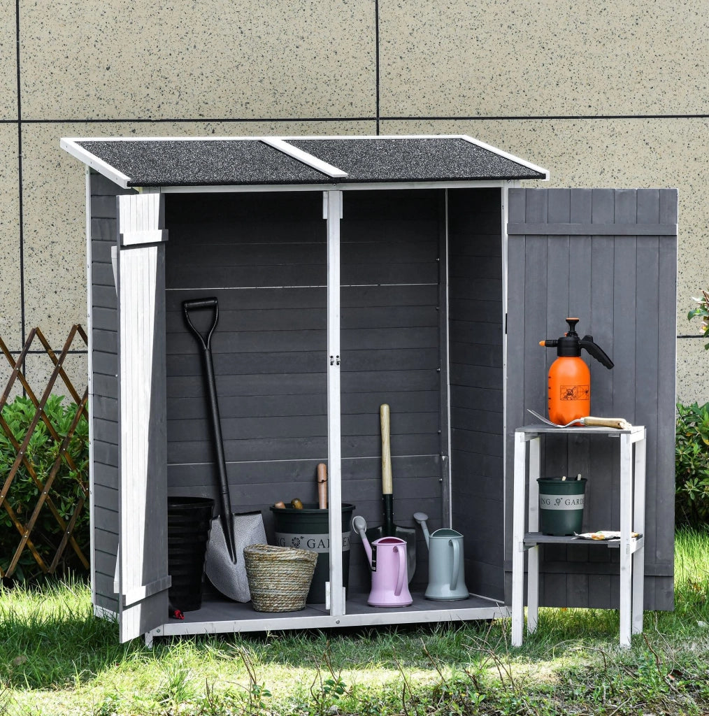 Armadio da Giardino in Legno di Abete Grigio e Bianco con 2 Porte e Tetto Asfaltato 139x75x160 cm