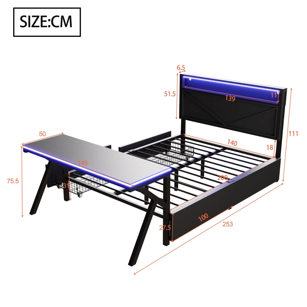 Letto Contenitore Imbottito 140x200 cm con Cassetti; LED; Nero