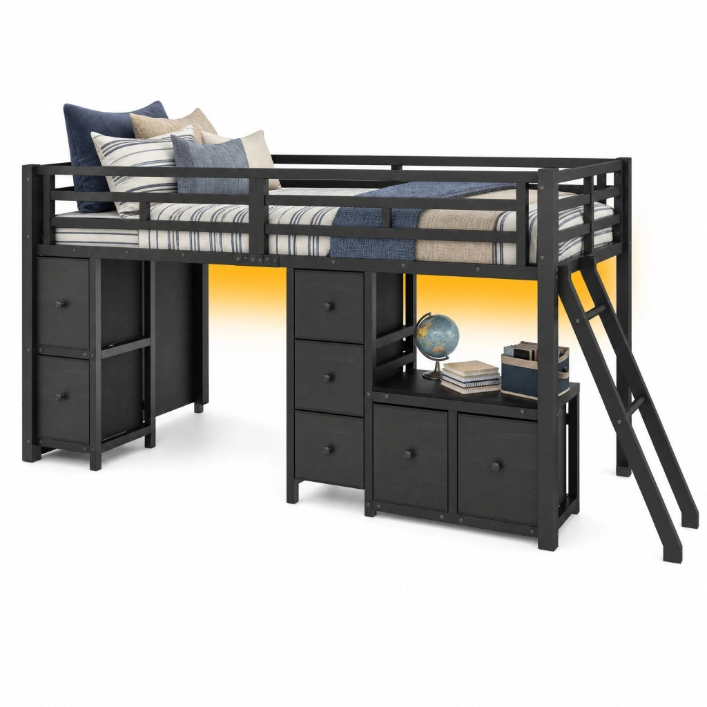 Letto a soppalco basso 90x200 cm con 7 cassetti, LED in MDF e metallo nero