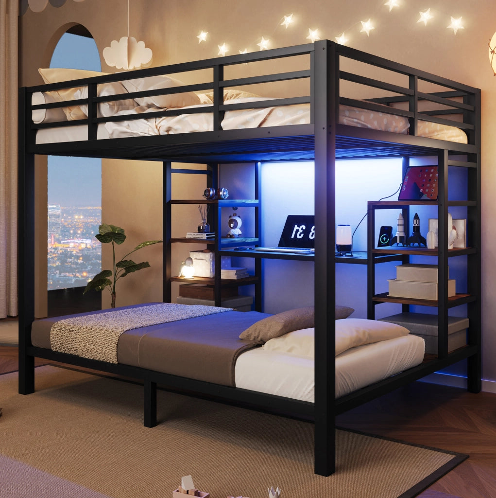 Letto a castello nero con LED, prese di ricarica e ripiani