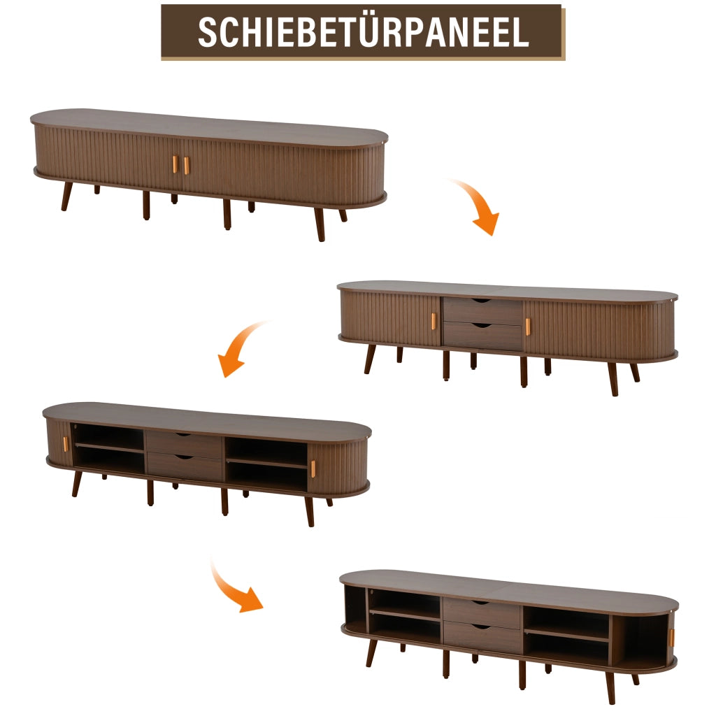 Mobile TV ovale con 2 cassetti e 2 ante scorrevoli in MDF color noce; ripiani regolabili 170 × 40 × 42 cm