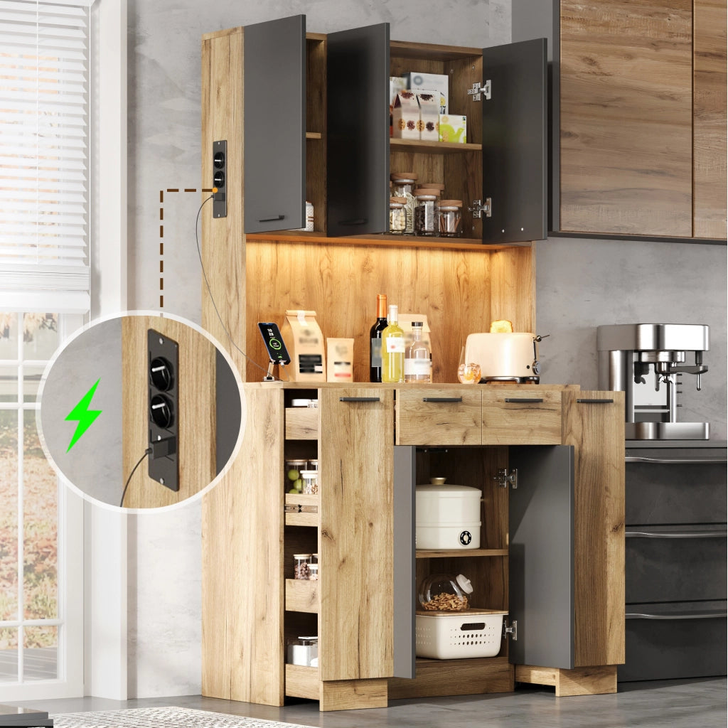 Credenza da cucina alta LED con 4 cassetti verticali e presa, per cucina, MDF nero naturale, 100 × 40 × 180 cm