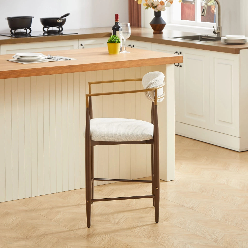 Sgabello da bar set di 2 con braccioli dorati e piedini regolabili, struttura in metallo e tessuto beige