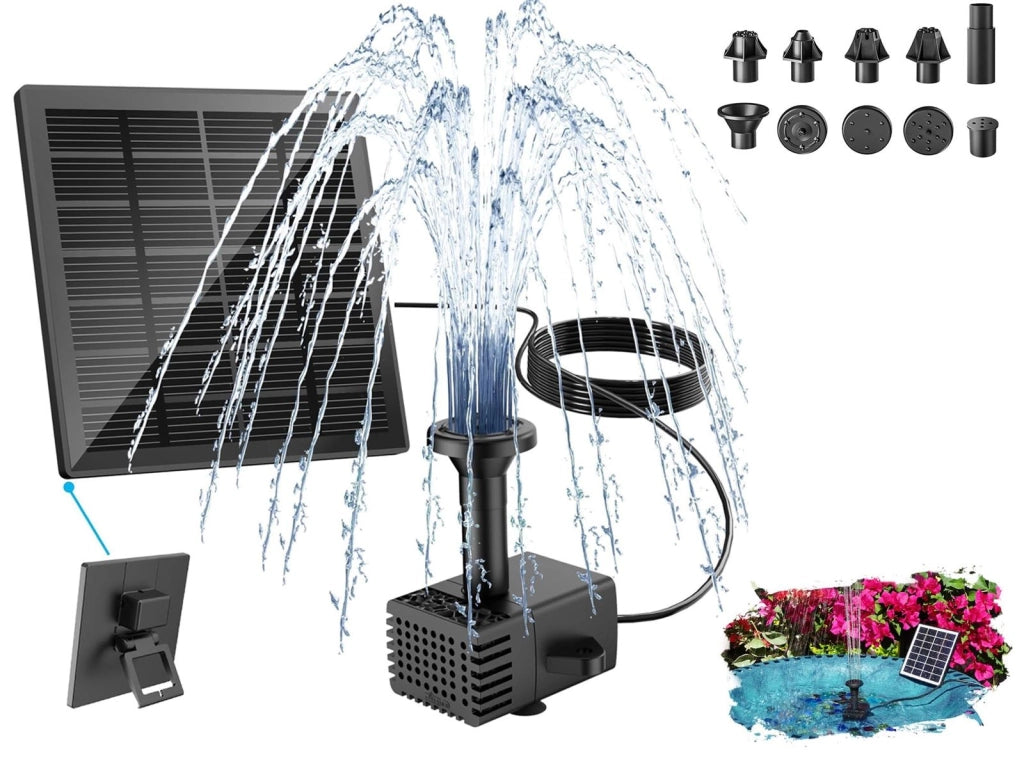 Fontana Solare per Laghetto con Pannello Solare e Pompa dell'Acqua da 3 Metri 10 Ugelli Intercambiabili per Bagno per Uccelli e Decorazione Giardino Esterno