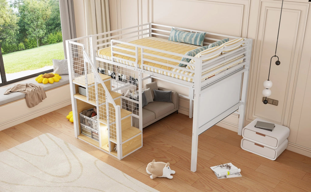 Letto a soppalco in metallo 140x200 cm con scaletta e spazio contenitivo, letto per ragazzi nero e bianco