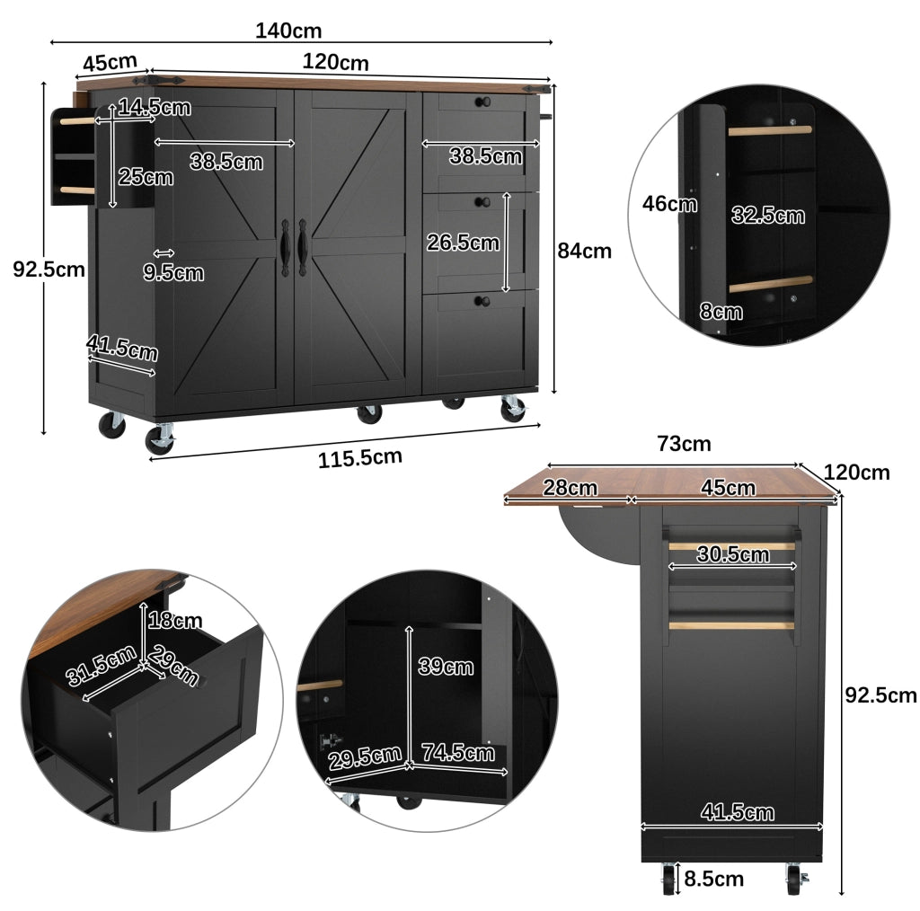 Isola da cucina in MDF con piano pieghevole; 3 cassetti; anta e 5 ruote; nera