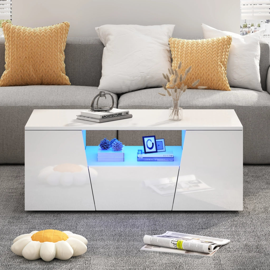 Tavolino da salotto LED con 2 ante, 1 cassetto e vano aperto, design irregolare moderno, bianco, 100 × 50 × 40 cm