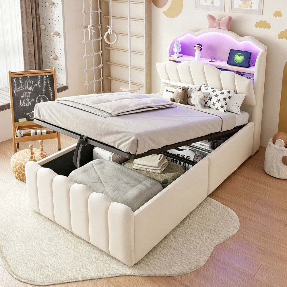 Letto imbottito per bambini con contenitore idraulico ¨C Minimal ¨C beige velluto testiera led 90x200cm