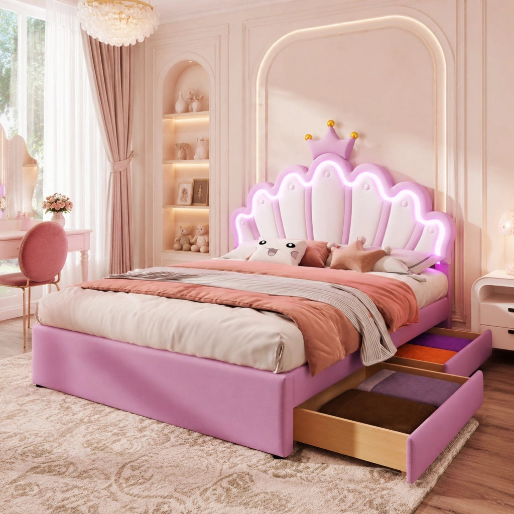 Letto imbottito a corona 140 x 200 cm con 2 cassetti; testiera regolabile; PU rosa
