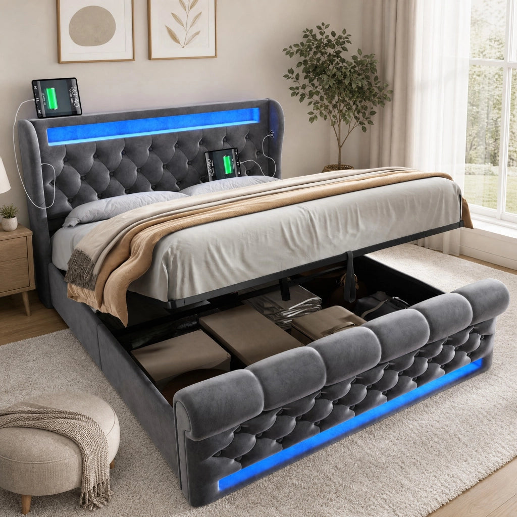 Letto con contenitore 160 × 200 cm idraulico con LED; USB e Type-C; testiera contenitore in velluto grigio