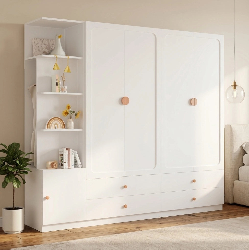 Ampio armadio bianco con 3 tubi appendiabiti, 4 cassetti e design multifunzionale, 200 x 225 x 45 cm