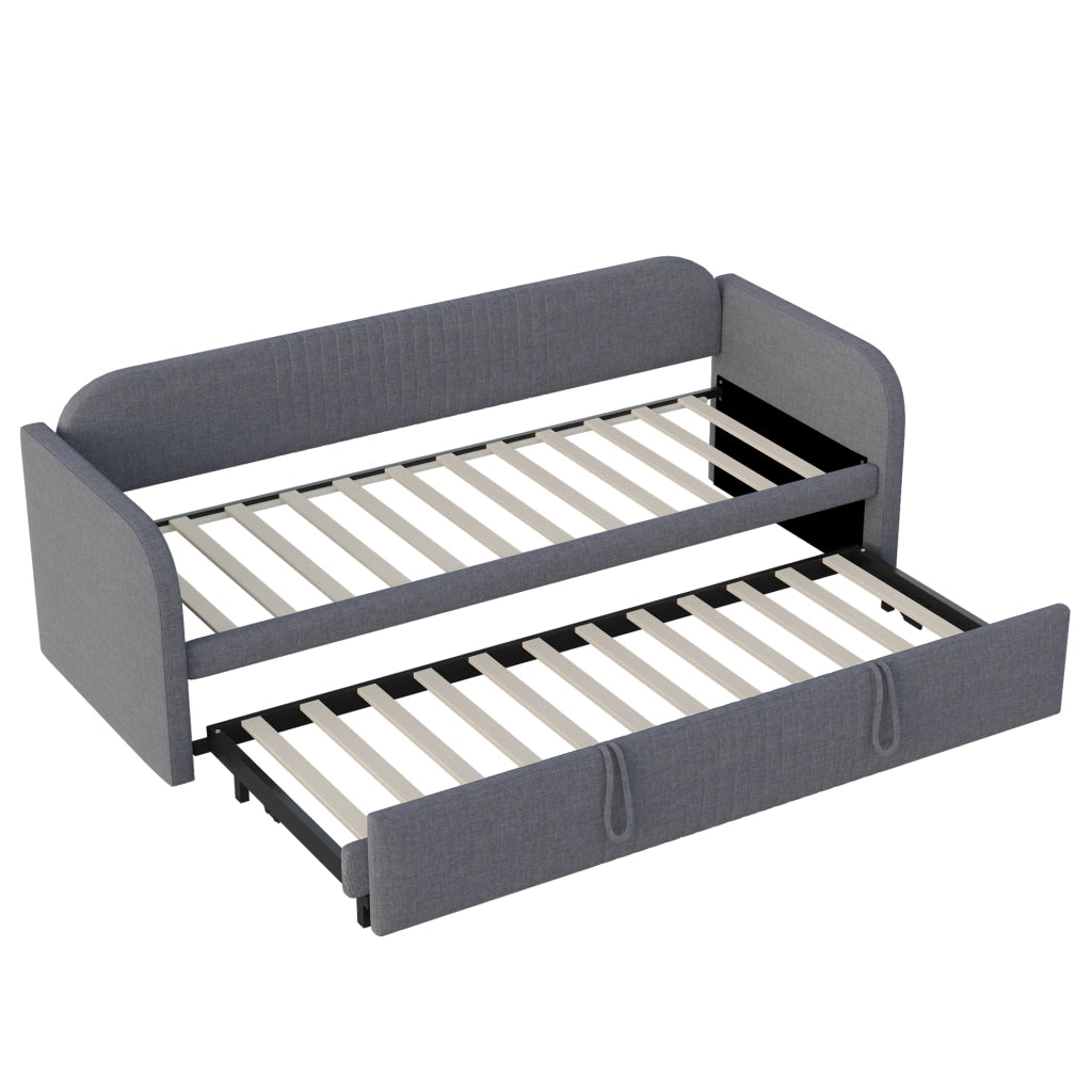 Divano letto imbottito 90x190 cm; letto estraibile 180x190 cm; grigio con rete a doghe