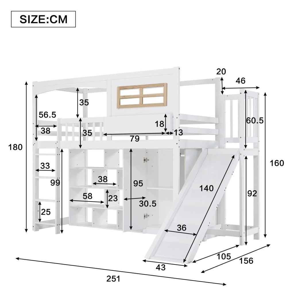 Letto a soppalco per bambini con scivolo; armadio e ripiani; in pino; MDF e compensato; bianco e naturale; 90x200 cm